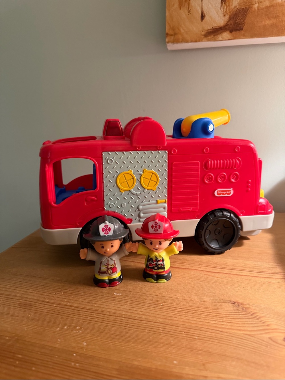 Fisher-Price Red and Yellow Plastic Fire Engine with Two Firefighter Figures